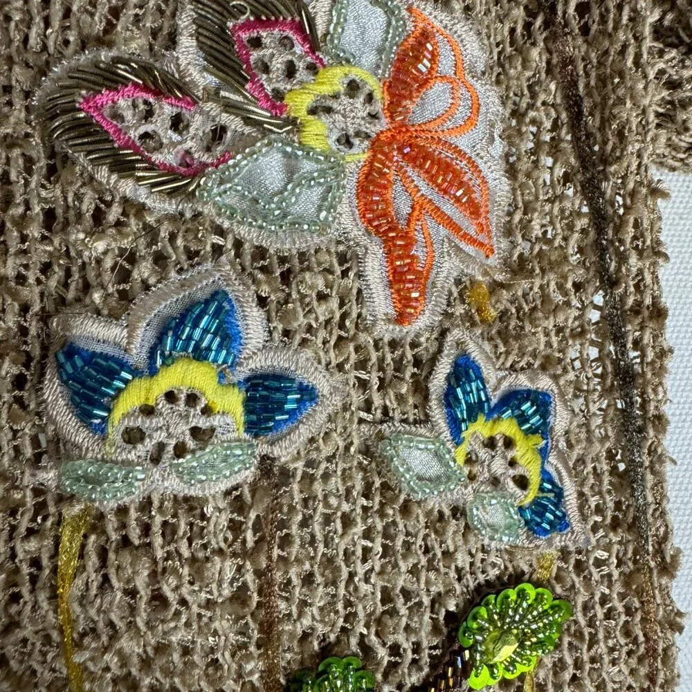 Vintage 90s Beaded Embroidery Art Long Scarf Fringe